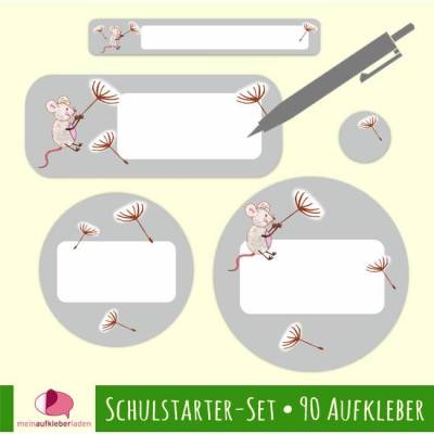 Schulstarter-Set | Maus mit Pusteblume grau - 90 teilig, Stifteaufkleber, Schuletiketten - blanko zum Selbstbeschriften