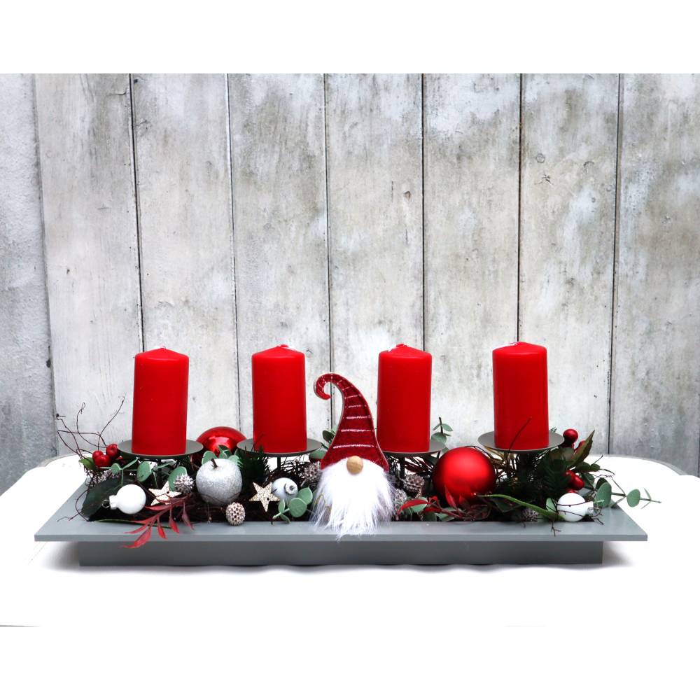 Adventskranz rot haltbar Adventsgesteck Tischdeko Weihnachtsdeko Wichtel