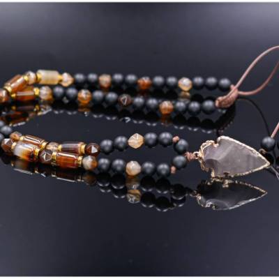 Herren Halskette aus Edelsteinen Achat Onyx Hämatit mit Anhänger aus Achat, Handgemachter Schmuck, 61 cm