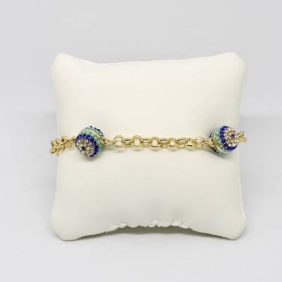 Modeschmuck Gliederarmband Messing vergoldet mit Kugeln besetzt mit Kristalle in hellblau , dunkelblau und Klar