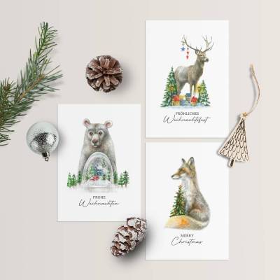 Weihnachtskarten Set *Waldtiere* / Aquarell Geschenkkarten für Weihnachten mit Tiermotiven