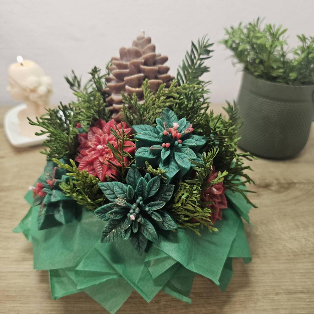 Winterwald Kerzenblumenstrau Rapswachs | Tannenzapfen & Weihnachtsstern-Deko  | Rot-Grnes Adventsgesteck | Veganes Unik