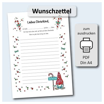 Weihnachten Wunschzettel – Liebes Christkind - Motiv Zuckerstange - PDF