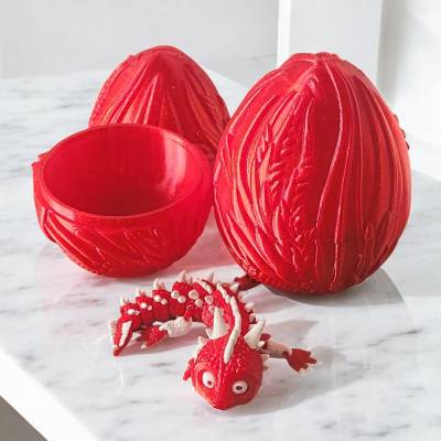 Magisches Drachenei mit Überraschung | Flexibler Gelenk-Drache in Rot & Weiß (3D-Druck, PLA)