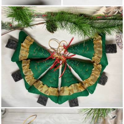 Handgemachte Filz-Tannenbäume als Weihnachtsanhänger  ca. 16 cm –grün mit Goldfransen rotem Band Glitzer festliche Deko