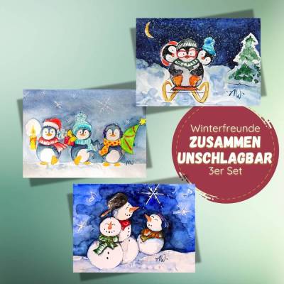 Winterfreunde Postkarten-Set: 3 handgemalte Aquarellmotive mit Pinguinen & Schneemännern
