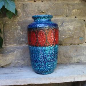 große  Bay Bodenvase 569-40 Blau Rot / Eklektische Pop Art Vase / Keramik WGP 70er Jahre West Germany