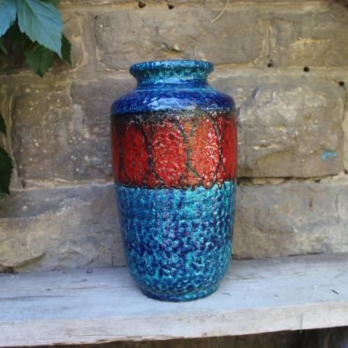 große  Bay Bodenvase 569-40 Blau Rot / Eklektische Pop Art Vase / Keramik WGP 70er Jahre West Germany