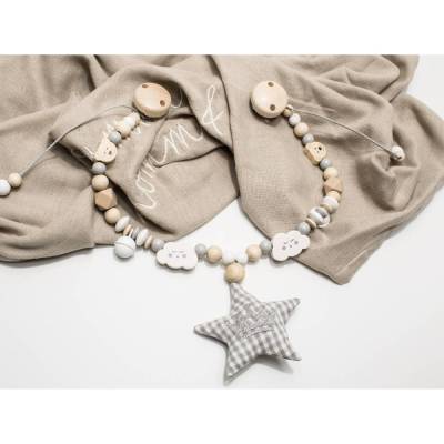 Kinderwagenkette Wolken, natur, Bärchen, Teddys, Glöckchen Stoffstern, grau, Junge oder Mädchen