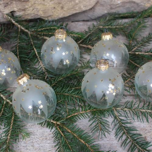 6 tlg. Set Christbaumkugeln transparentes Glas / satiniert mit kleinen Sternen / Vintage 80er 90er Jahre