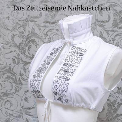 Partlet Renaissance Unterzieh-Hemd, ärmellos, Blackwork-Stickerei, Stehkragen, weiße Baumwolle, 16. Jh. Kleidung