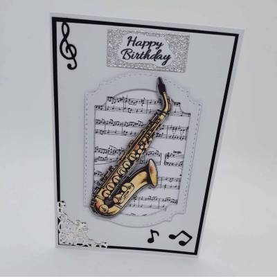 Karte zum Geburtstag, Glückwunschkarte mit Gitarre oder Saxophon, Notenblatt, personalisierbar