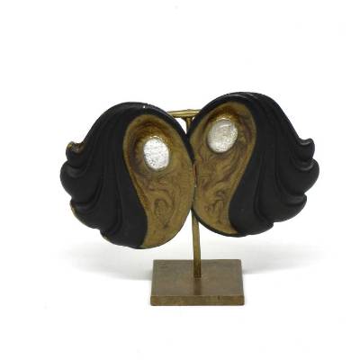 Große Vintage Damen Ohrstecker Messing schwarz und Goldfarbe ovaler Kunststein durchsichtig Vintage aus den 80er Jahre