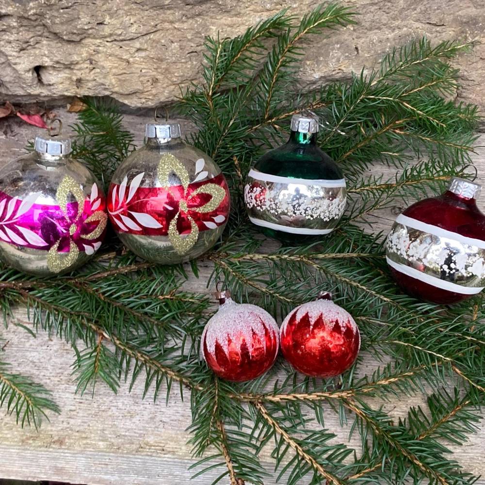 6 alte bunte Christbaumkugeln Christbaumschmuck Lauscha 50er 60er Jahre