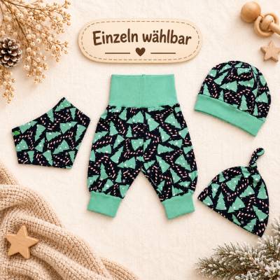 Baby Weihnachtskleidung aus Jersey: Pumphose, Dreieckstuch, Knotenmütze oder Beanie | Tannenbaum Zuckerstange | Gr. 50–8