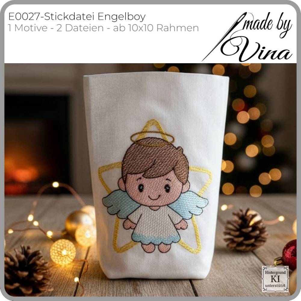 Stickdatei Engelboy ab 10x10 – Zarter Weihnachtsengel im Shabby Stil für Deko & Geschenke Bild 2