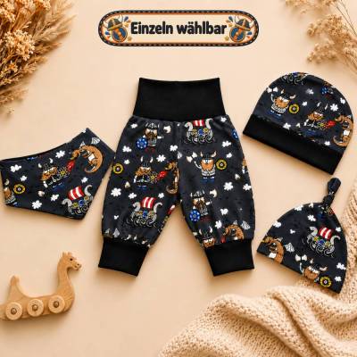 Baby Wikinger Outfit aus Jersey – Pumphose, Dreieckstuch, Knotenmütze oder Beanie, einzeln wählbar, Gr. 50–104