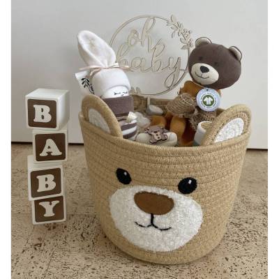 Boho Windeltorte Bär "Oh Baby" – Unisex Babygeschenk in Naturfarben, Vintage Stil, Bio & GOTS