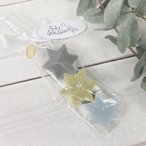 Weihnachtsseife - 3 Stück Seifensterne Midi - verpackt -CHRISTROSE-EISENKRAUT-EISBLUME- Weihnachtsgeschenk Mitbringsel