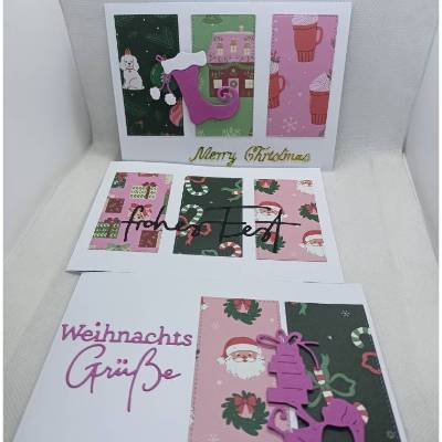 Weihnachtskarten Set, modern, 3 DIN A6 quer Karten mit Einlegern & Umschlägen, rosa/grün