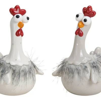 ein lustiges Huhn /Hahn aus Keramik Grau, weiß mit Federn