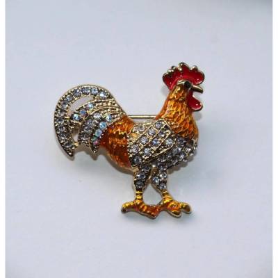 Vintage Hahn Brosche emailliert mit Strass, Schmuck Unikat