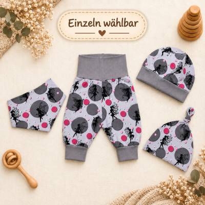 Baby Set Mädchen aus Jersey: Pumphose, Dreieckstuch, Knotenmütze oder Beanie | Grau Pink | einzeln wählbar