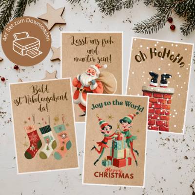 Retro Weihnachtskarten zum Ausdrucken - 4er Sparset