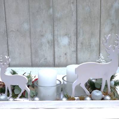 Adventskranz weiß haltbar Adventsgesteck Tischdeko Weihnachtsdeko Hirsch