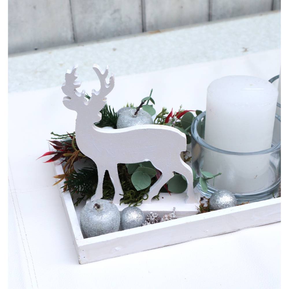 Adventskranz weiß haltbar Adventsgesteck Tischdeko Weihnachtsdeko Hirsch