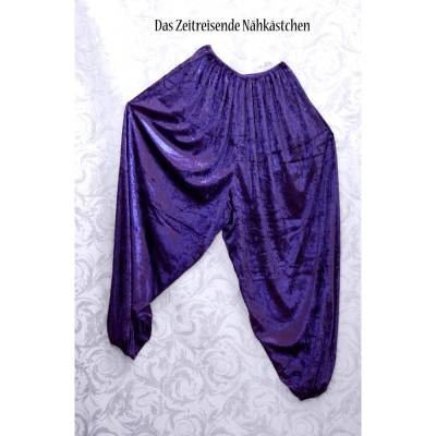 Pluderhose aus Pannesamt, 80er Gothic – weite blaue Oldschool-Grufti-Hose, elastisch & handgefertigt