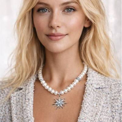 AA Plus Perlenkette mit rhodiniertem Sternanhänger und Zirkonia, Elegantes Geschenk, 46 cm