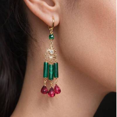 Malachit und Burma Spinell Ohrringe mit 18K Vergoldung, luxuriöse handgefertigte Hängeohrringe, 7 cm lang