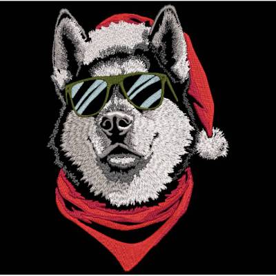 Husky Santa Stickdatei mit Lichteffekt –20x26-30cm, 21*40cm EXP Winterliches Stickmuster für schwarze Sto