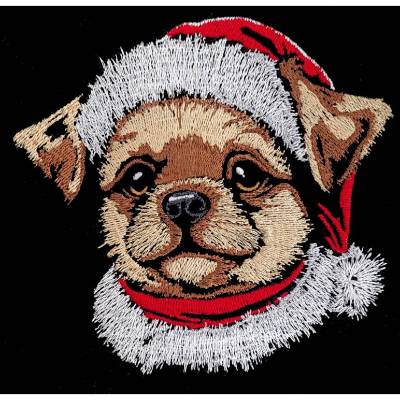 Welpe Santa Stickdatei mit Lichteffekt – 12-14x18cm Winterliches Stickmuster für schwarze Stoffe