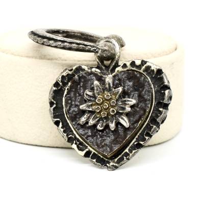 Dirndl Schmuck Anhänger für Schal Herzform Edelweiß Silberfarbig geschwärzt Schwer Massiv Trachtenschmuck