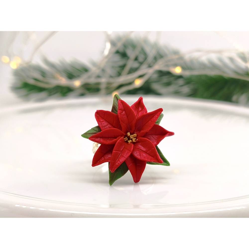 Weihnachtssternring verstellbar aus Polymer Clay und Stahl, Weihnachtsblume rot grün, Geschenk für Frau
