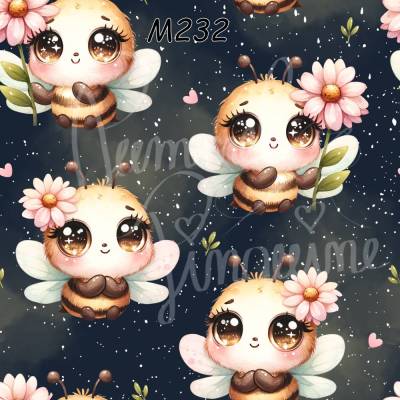 M232 PummelPinguine Exclusive Stoffe „Süße Biene Stoff – Kawaii Bee mit Blume & Herzchen"