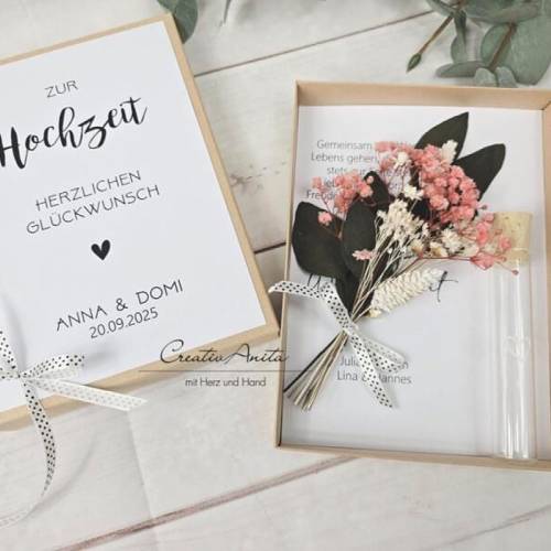 Personalisierte Geschenkbox Zur Hochzeit mit Trockenblumenstrauß - Geldgeschenk - ROSA