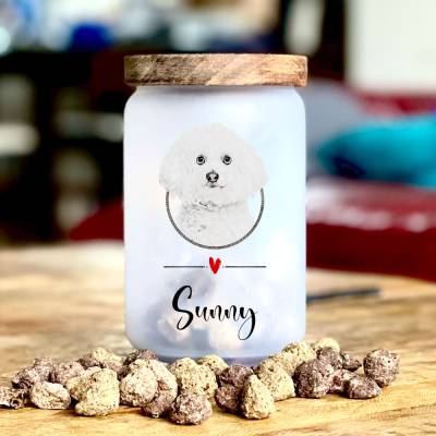Glas Leckerlidose 'Bichon Frisé' mit Namen, 700 ml