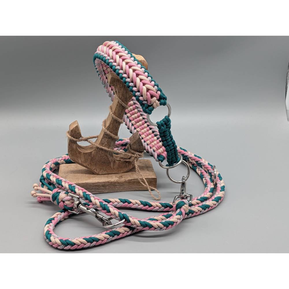 Hundeleine & Halsband aus Paracord in Pink-Rosa-Grn  Handgemacht fr  mittlere & groe Hunde