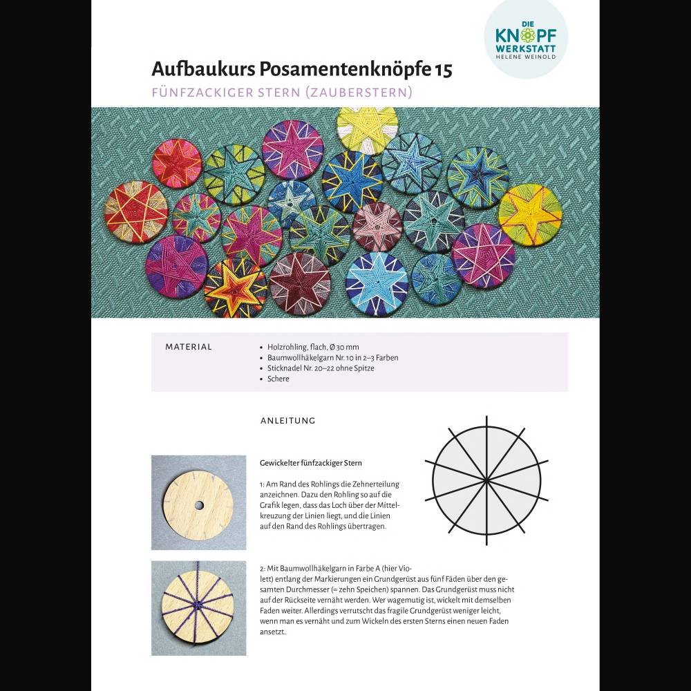 Anleitung für den Fünfzackigen Sternknopf (Aufbaukurs Posamentenknöpfe 15) Bild 1