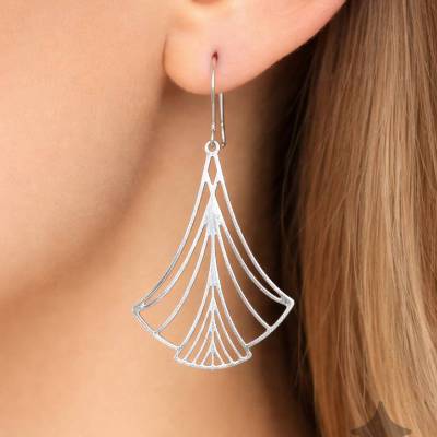 Ohrringe SILBERFÄCHER – Handgemachte Art Déco Statement Ohrringe aus Edelstahl, hypoallergen, 5,5 cm lang (2407)