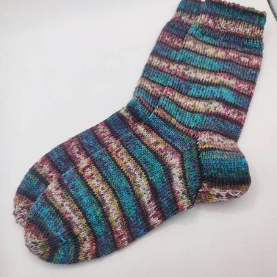Handgestrickte Socken Gr.38/39 Petrol/Lila/Beige