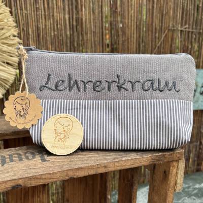 Lehrerkram Schlampermäppchen grau-weiß –  Stiftemappe als Geschenk für Lehrer