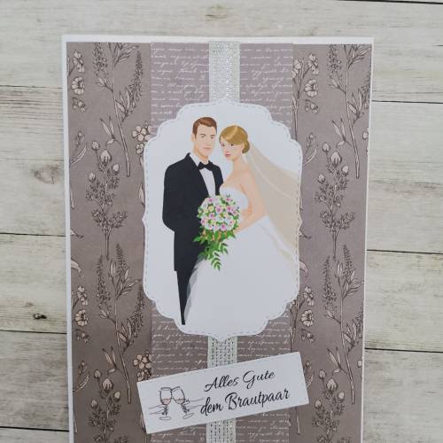 Handgefertigte Glückwunschkarte zur Hochzeit – Brautpaar, Schleier & Kirche – mit Umschlag & Einleger