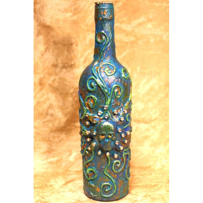 Dekoflasche SKULL TÜRKIS Upcycling Flasche Flaschenkunst Dekoration Collage Wohndeko Geldgeschenk Steampunk Gothic