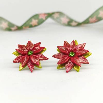 Weihnachtsstern Ohrstecker aus Polymer Clay, rote und grüne Weihnachtsstern Ohrringe für Weihnachten