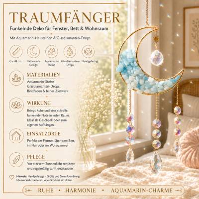 Schützender Traumfänger Mond mit Aquamarin, hellblaue Heilsteine, funkelt wunderschön, Deko, Geschenk Windspiel