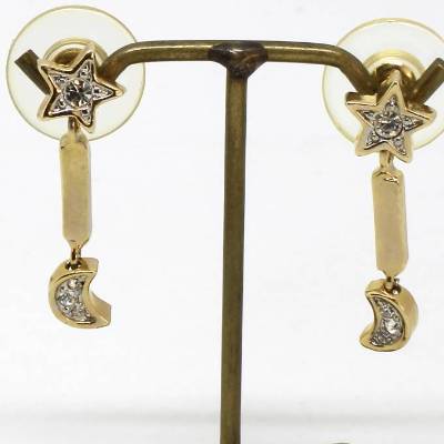 Ohrringe zum Stecken Goldfarbig Stern und Halbmond mit Kristallglas Steine beweglich 